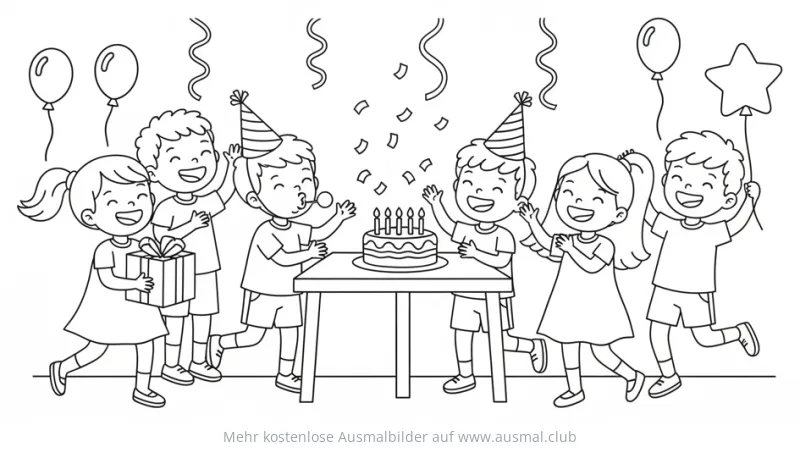 Kinderparty mit Geburtstagstorte, Ballons und Konfetti Ausmalbild