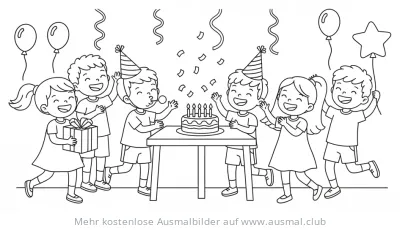 Kinderparty mit Geburtstagstorte, Ballons und Konfetti Ausmalbild