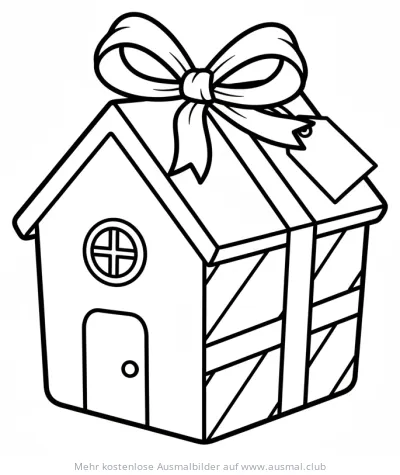 Haus als Geschenk verpackt Ausmalbild