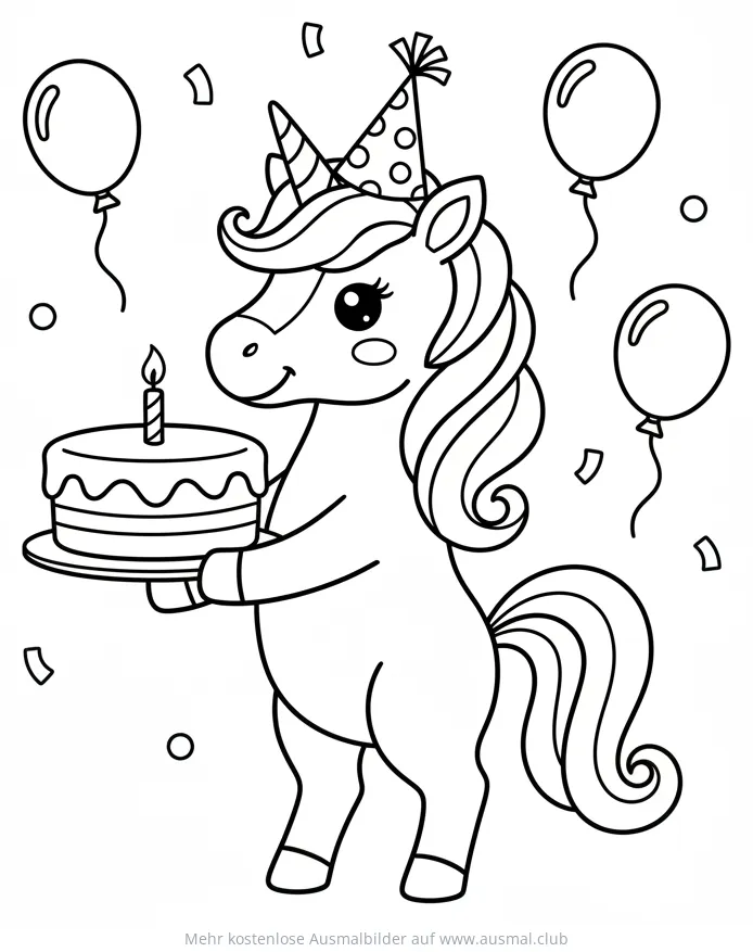 Einhorn mit Geburtstagstorte und Partyhut Ausmalbild
