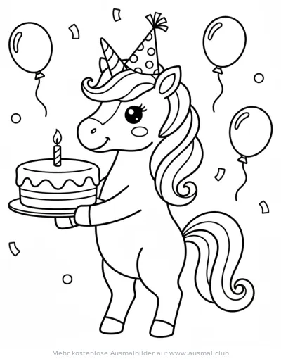 Einhorn mit Geburtstagstorte und Partyhut Ausmalbild