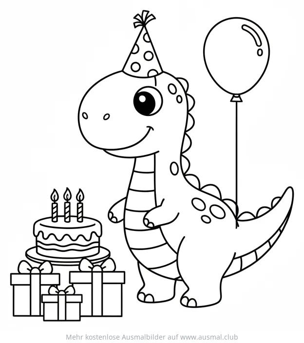 Dino mit Partyhut, Ballon, Geburtstagstorte und Geschenken Ausmalbild