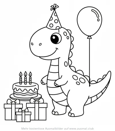 Dino mit Partyhut, Ballon, Geburtstagstorte und Geschenken Ausmalbild