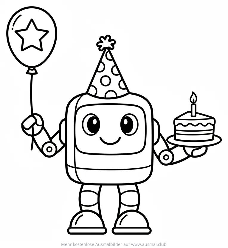 Roboter mit Geburtstagshut, Ballon und Kuchen Ausmalbild