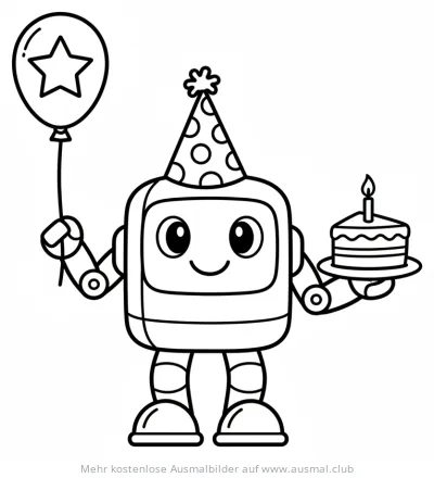 Roboter mit Geburtstagshut, Ballon und Kuchen Ausmalbild