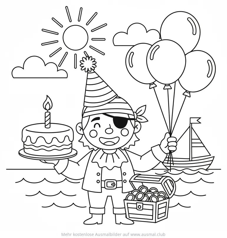 Geburtstagspirat mit Torte, Luftballons und Schatzkiste Ausmalbild