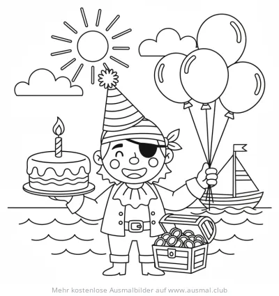 Geburtstagspirat mit Torte, Luftballons und Schatzkiste Ausmalbild