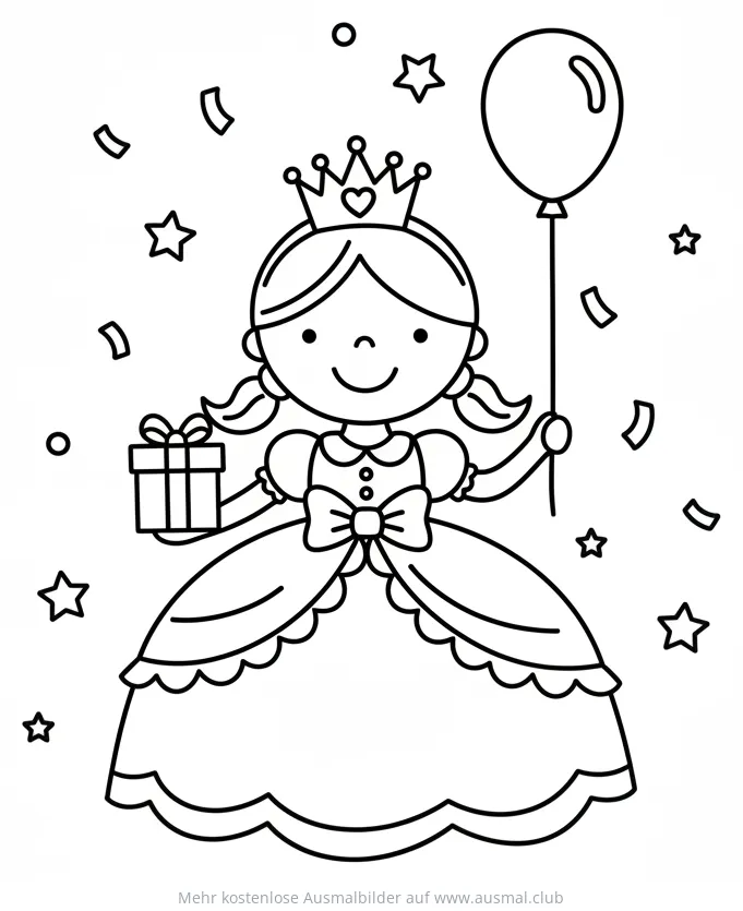 Prinzessin mit Krone, Geschenk und Ballon Ausmalbild