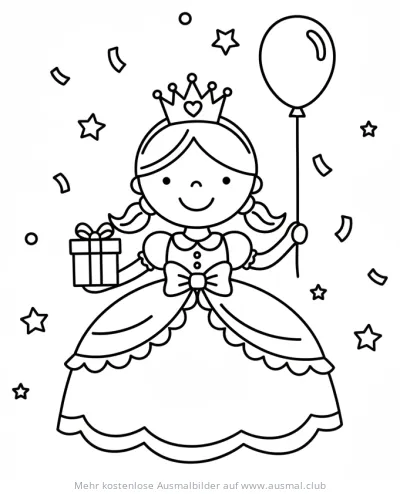 Prinzessin mit Krone, Geschenk und Ballon Ausmalbild