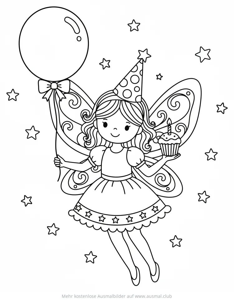 Geburtstagsfee mit Ballon und Cupcake Ausmalbild