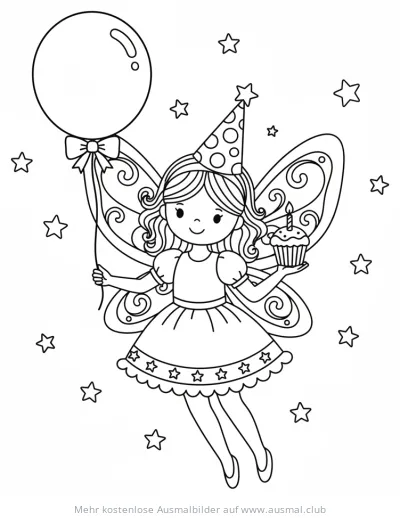 Geburtstagsfee mit Ballon und Cupcake Ausmalbild