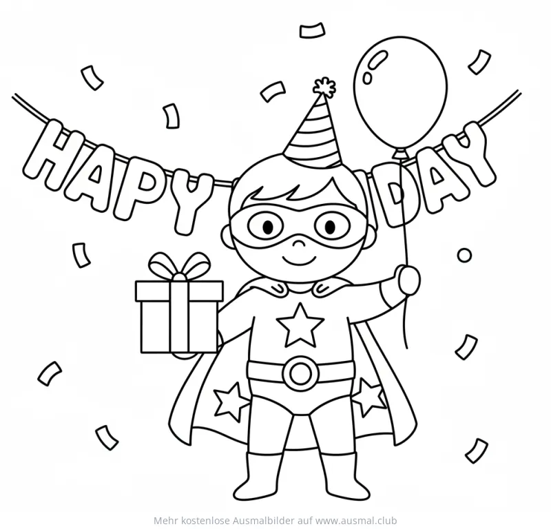 Superheld mit Geschenk und Ballon vor Happy Birthday Girlande Ausmalbild