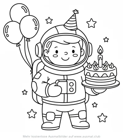 Astronaut mit Geburtstagstorte und Ballons Ausmalbild