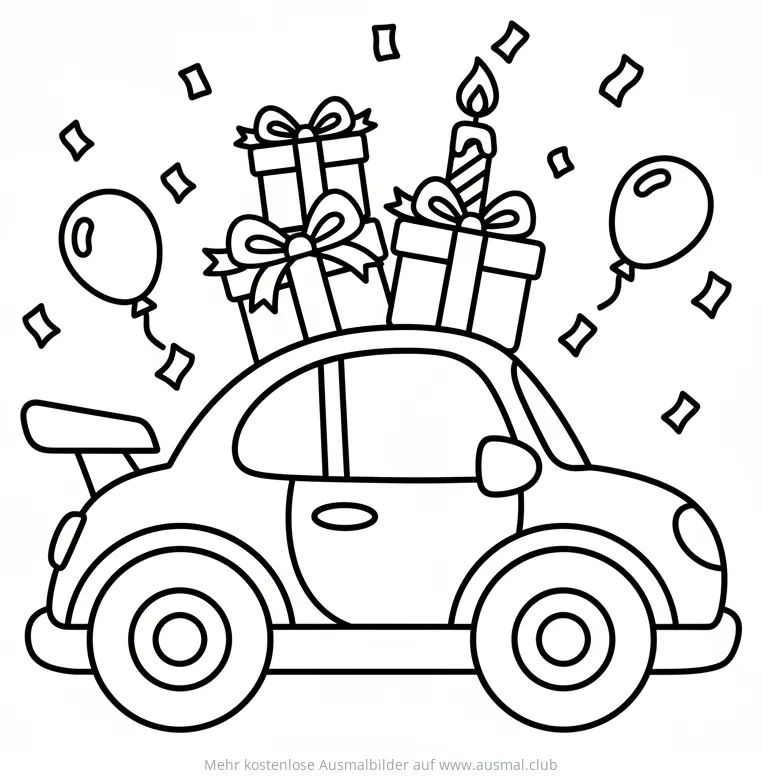 Rennwagen mit Geschenken und Kerze Ausmalbild