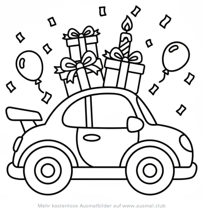 Rennwagen mit Geschenken und Kerze Ausmalbild