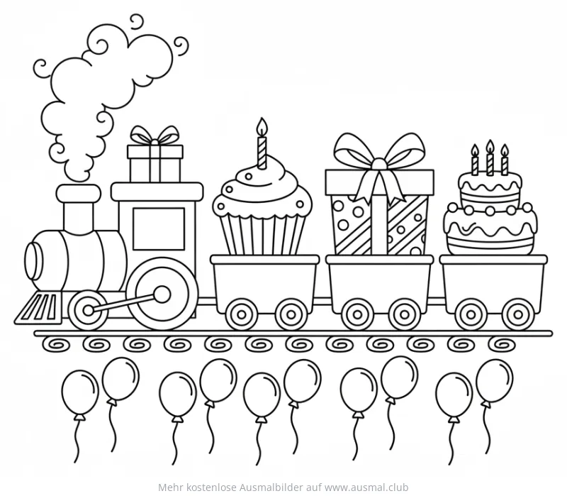 Geburtstag Zug mit Kuchen, Geschenk und Muffin Ausmalbild