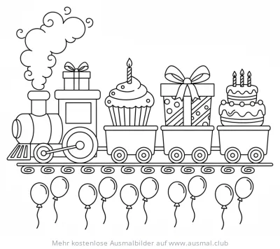 Geburtstag Zug mit Kuchen, Geschenk und Muffin Ausmalbild