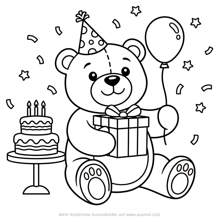 Teddybär mit Geschenk, Geburtstagskuchen und Luftballon Ausmalbild