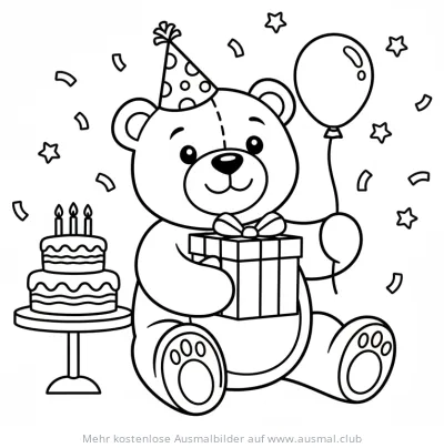 Teddybär mit Geschenk, Geburtstagskuchen und Luftballon Ausmalbild