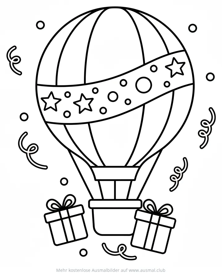 Heißluftballon mit Geschenken Ausmalbild