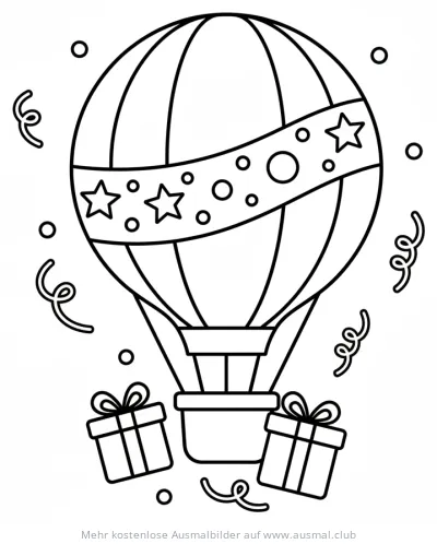 Heißluftballon mit Geschenken Ausmalbild