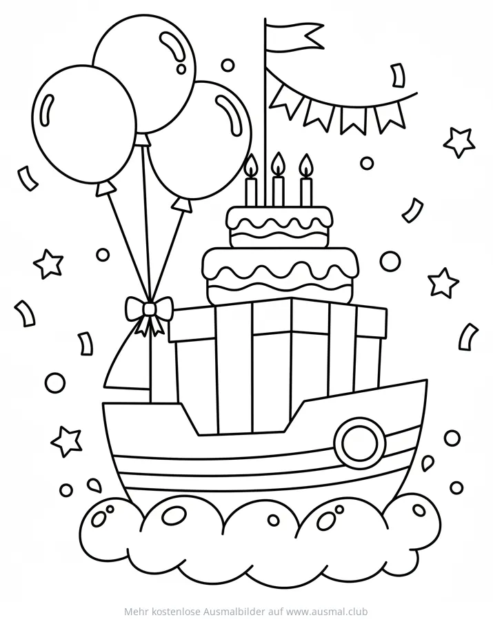 Geburtstagsschiff mit Kuchen, Geschenken und Luftballons Ausmalbild
