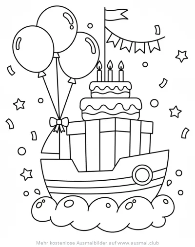 Geburtstagsschiff mit Kuchen, Geschenken und Luftballons Ausmalbild