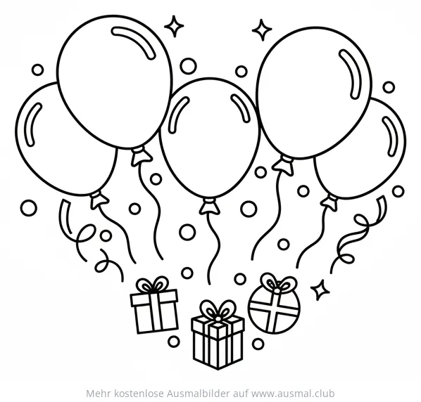 Geburtstag Ausmalbild mit Ballons, Konfetti und Geschenken