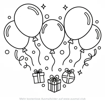 Geburtstag Ausmalbild mit Ballons, Konfetti und Geschenken