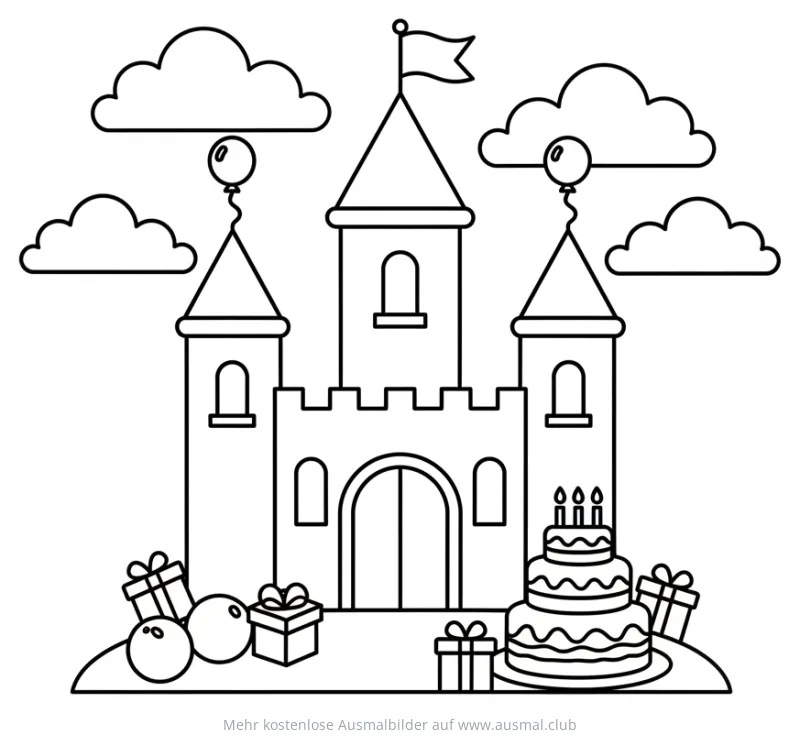 Schloss mit Geburtstagskuchen und Geschenken Ausmalbild