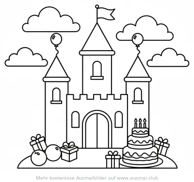 Schloss mit Geburtstagskuchen und Geschenken Ausmalbild