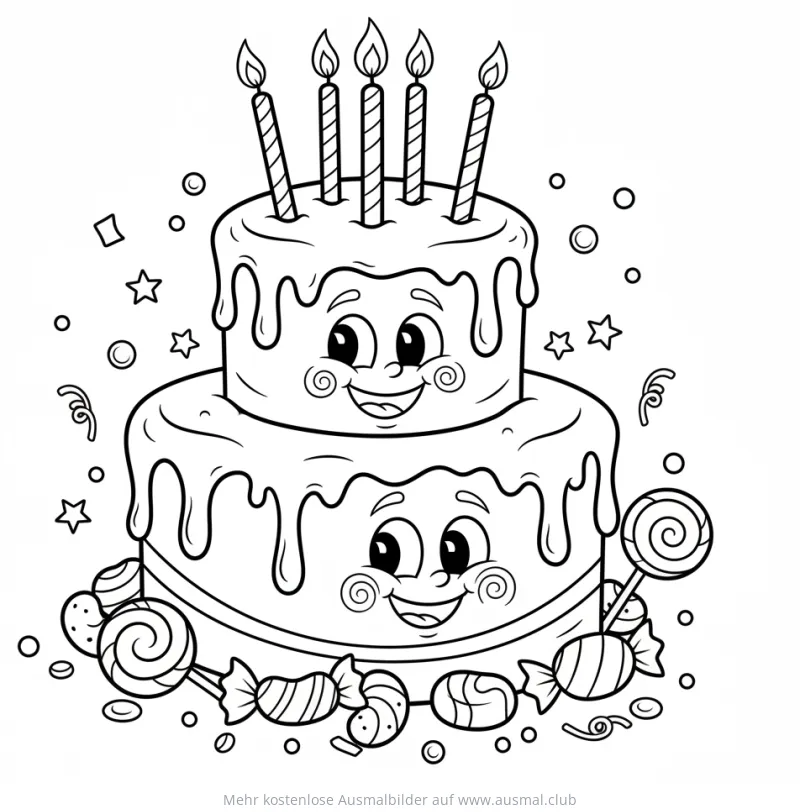 Geburtstagskuchen mit Gesicht Ausmalbild