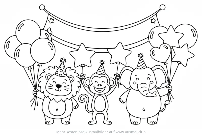 Löwe, Affe und Elefant mit Partyhüten und Ballons unter Girlande Ausmalbild