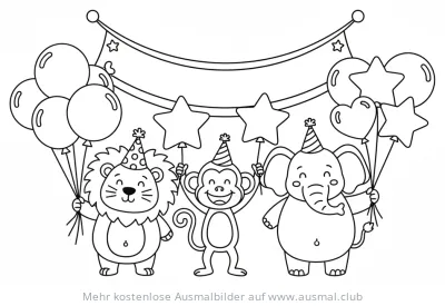 Löwe, Affe und Elefant mit Partyhüten und Ballons unter Girlande Ausmalbild