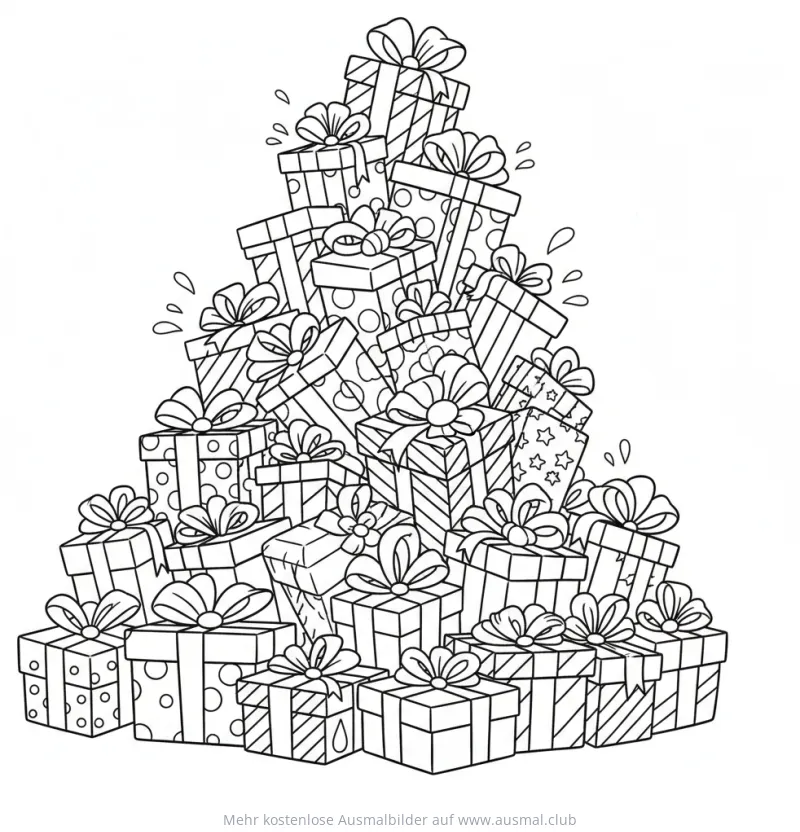 Geschenke Berg Ausmalbild mit Schleifen und verschiedenen Mustern