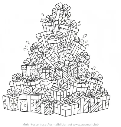 Geschenke Berg Ausmalbild mit Schleifen und verschiedenen Mustern