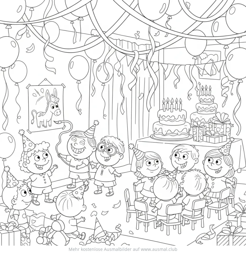 Geburtstagsparty mit Kindern Ausmalbild