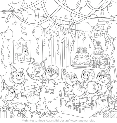 Geburtstagsparty mit Kindern Ausmalbild