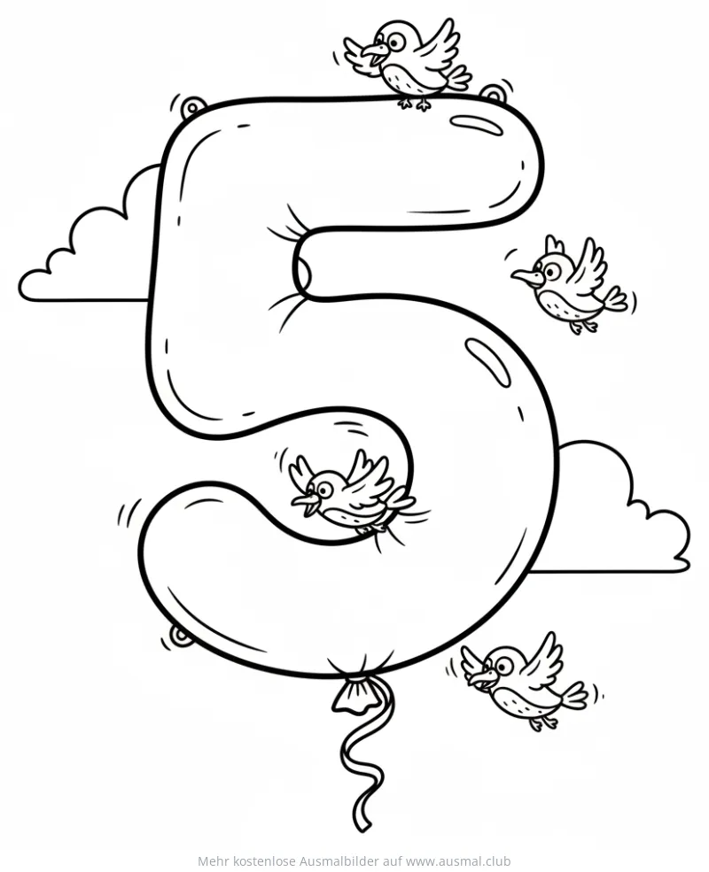 Ballon in Form einer Fünf mit Vögeln Ausmalbild