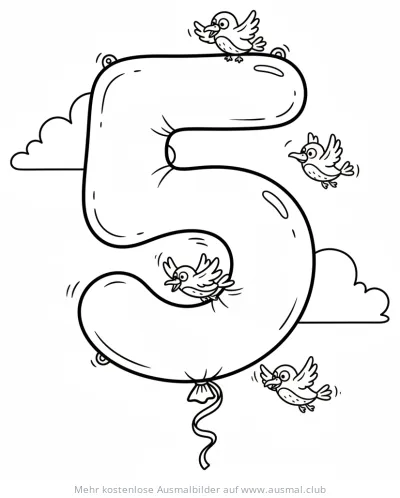 Ballon in Form einer Fünf mit Vögeln Ausmalbild