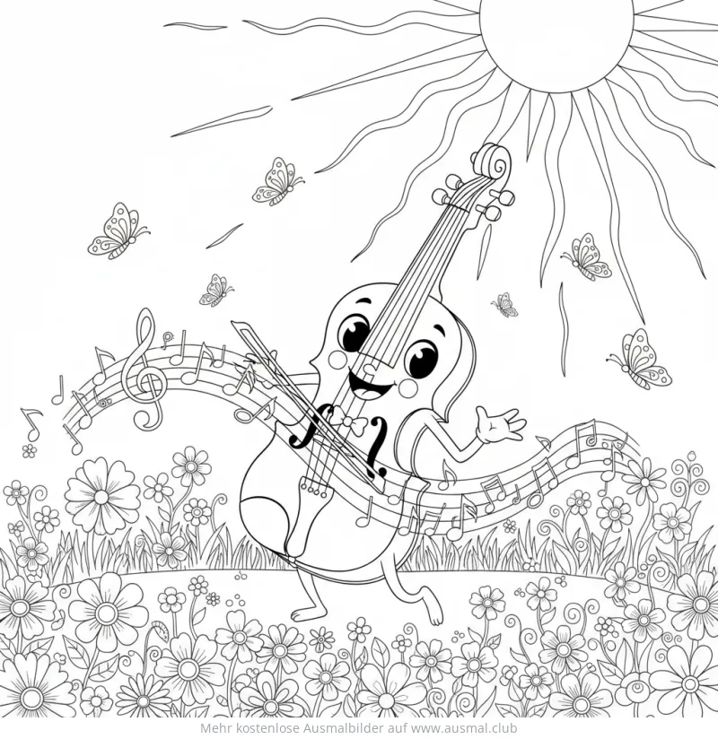 Fröhliche Geige Cartoon mit Noten und Schmetterlingen Ausmalbild