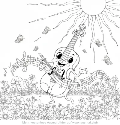 Fröhliche Geige Cartoon mit Noten und Schmetterlingen Ausmalbild