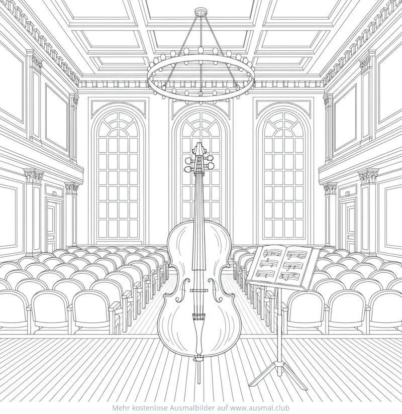 Cello Ausmalbild in Konzerthalle mit Notenständer