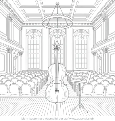 Cello Ausmalbild in Konzerthalle mit Notenständer