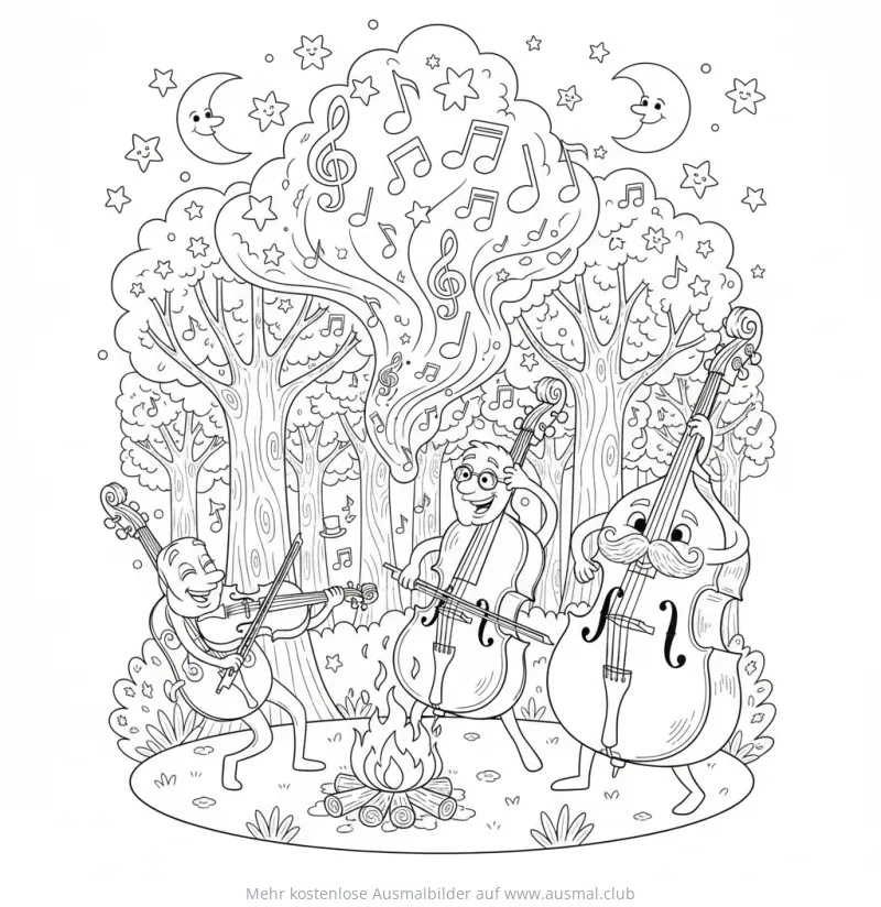 Musizierende Streichinstrumente am Lagerfeuer im Wald Ausmalbild