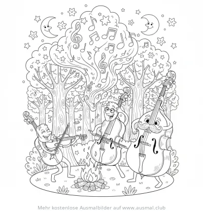 Musizierende Streichinstrumente am Lagerfeuer im Wald Ausmalbild