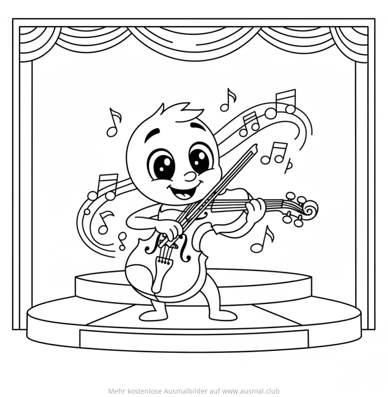 Cartoon Junge spielt Geige auf der Bühne Ausmalbild