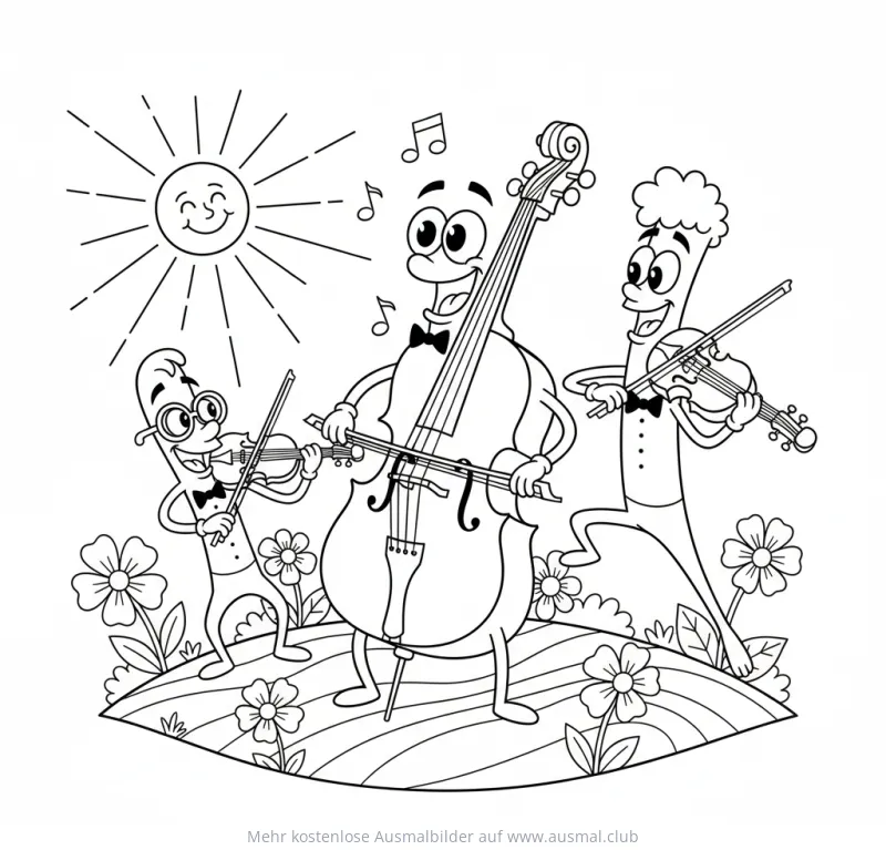 Band mit Geigen, Cello und Sonne Ausmalbild