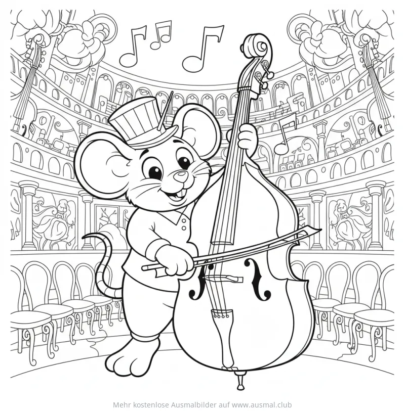 Maus mit Zylinder spielt Kontrabass im Theater Ausmalbild