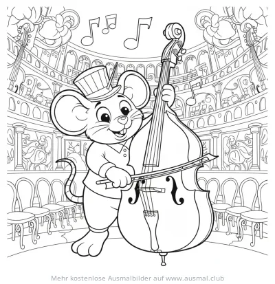 Maus mit Zylinder spielt Kontrabass im Theater Ausmalbild